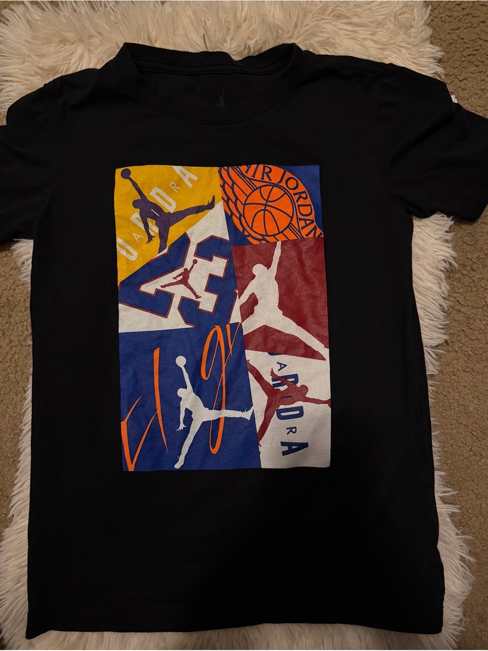 Jordan Black Tee with Yellow, Blue, Red, Orange, White Graphic Panel